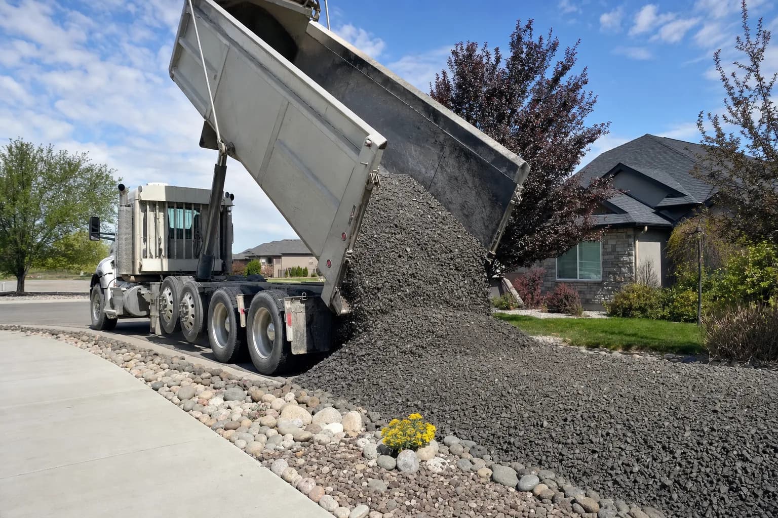 Dump truck delivering gravel